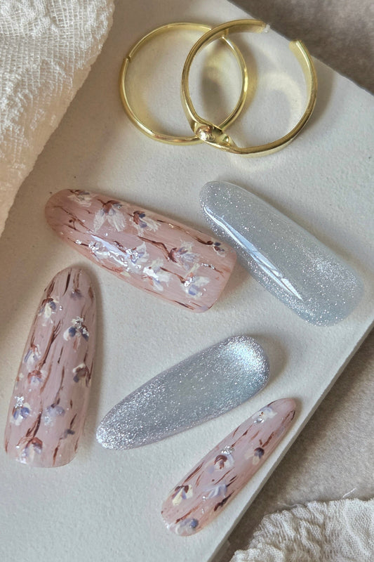Moonlit Petals – Hand-Painted Press-On Nails