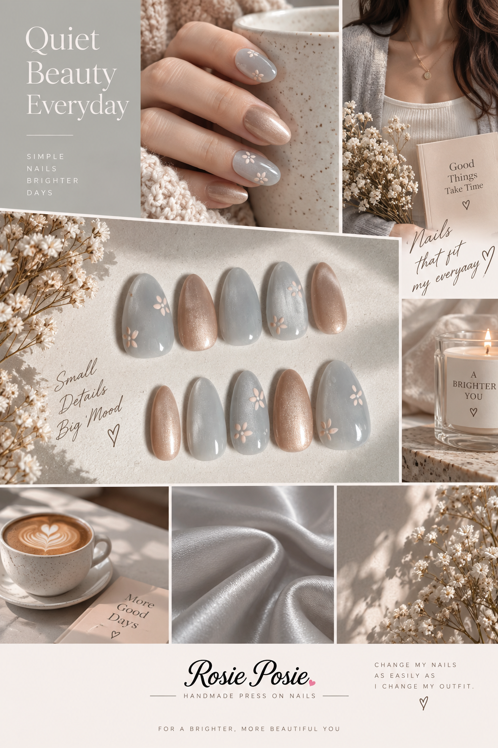 Silver Blossom – Hand-Painted Press-On Nails