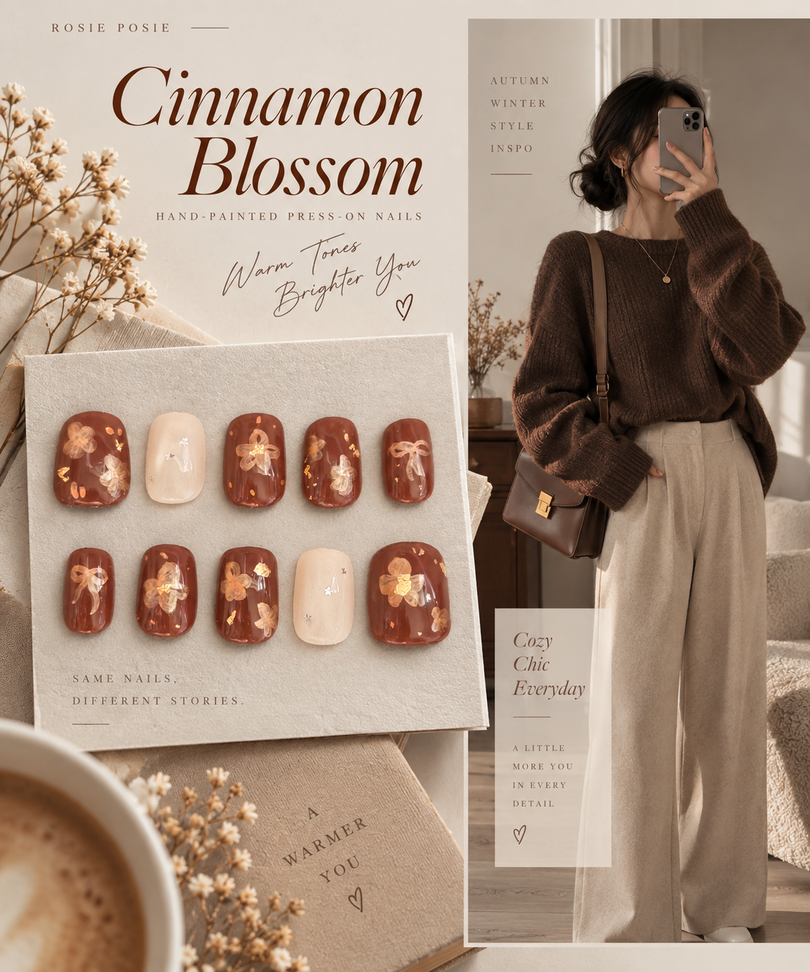 Cinnamon Blossom – Hand-Painted Press-On Nails