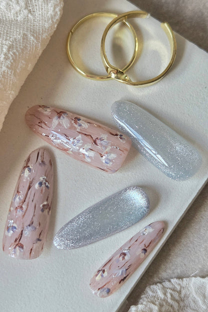 Moonlit Petals – Hand-Painted Press-On Nails