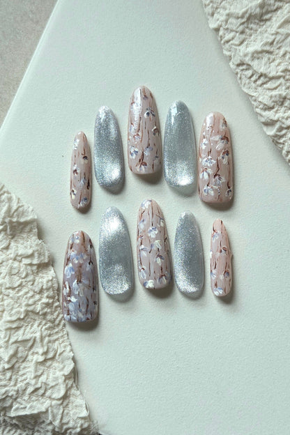 Silver Blossom pink floral and silver cat-eye hand-painted press-on nails