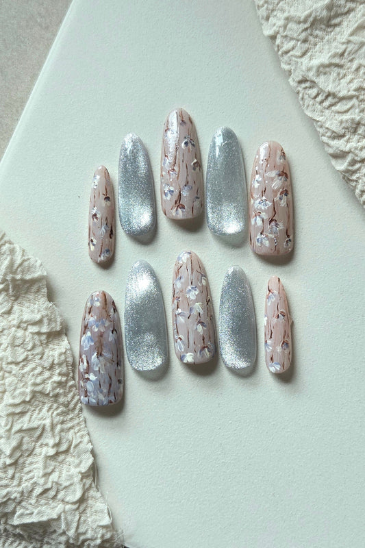 Silver Blossom pink floral and silver cat-eye hand-painted press-on nails