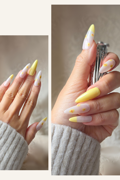 Lemon Daisy – Hand-Painted Press-On Nails