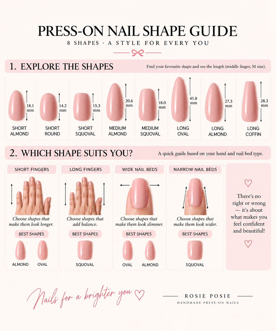 Rosie Posie press-on nail shape guide showing 8 nail shapes, nail lengths and shape recommendations