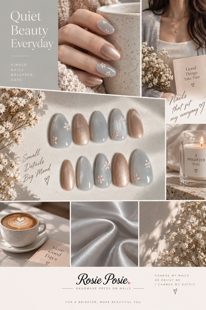 Silver Blossom – Hand-Painted Press-On Nails