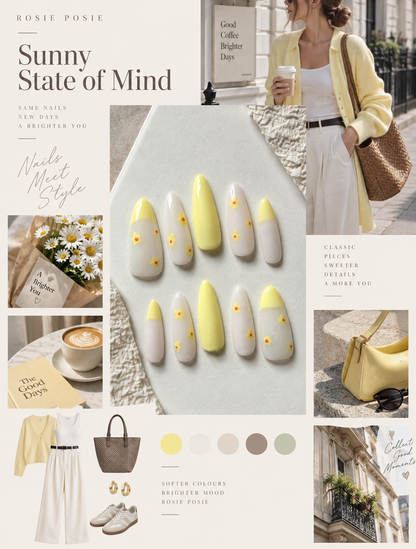 Lemon Daisy – Hand-Painted Press-On Nails