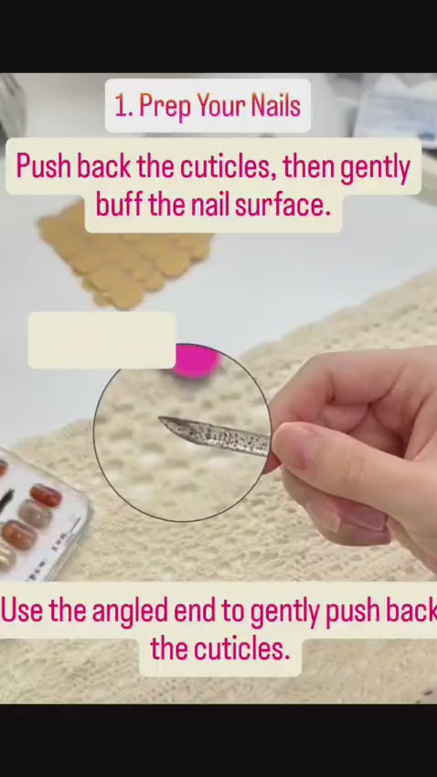 Load video: Step-by-step tutorial showing how to apply Rosie Posie press-on nails using adhesive tabs